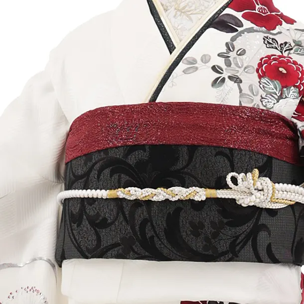 振袖レンタル1590　白地 椿 ぼたん