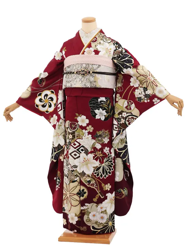 振袖レンタル1595　ボルドー 吉祥文様に花