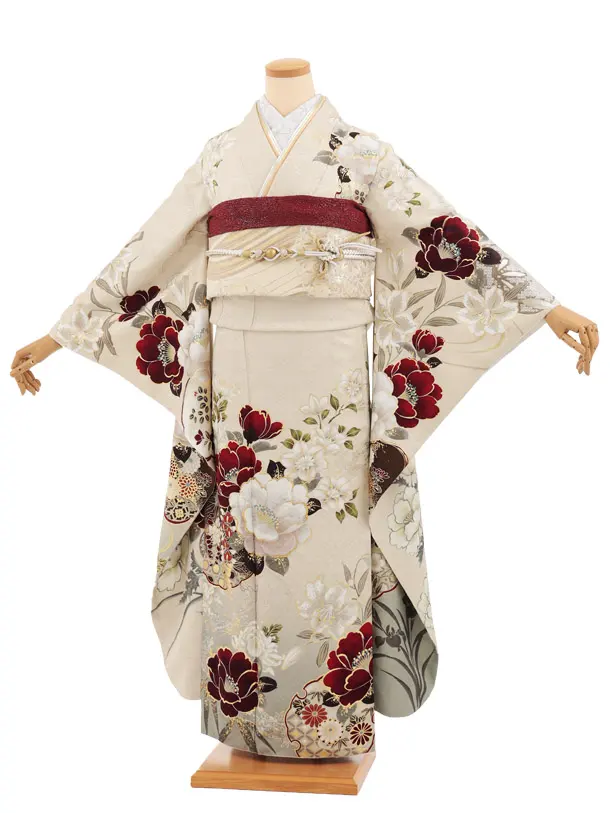 振袖レンタル1597　クリームベージュ 雪輪に花づくし