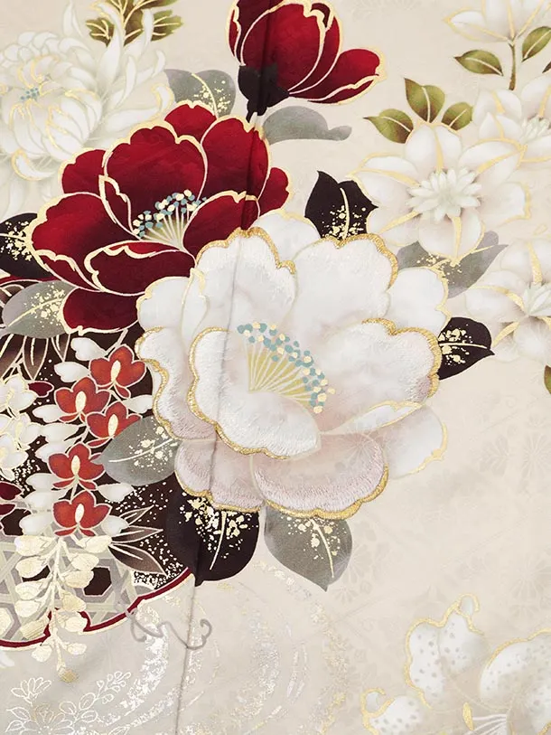 振袖レンタル1597　クリームベージュ 雪輪に花づくし