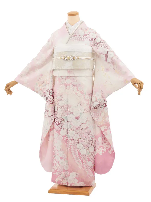 振袖レンタル1599　ピンク白ぼかしラメ 辻が花調