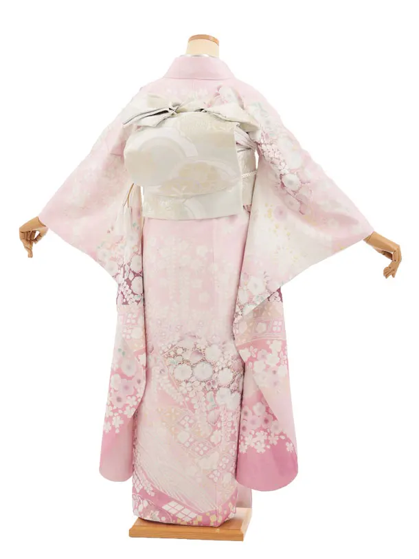 振袖レンタル1599　ピンク白ぼかしラメ 辻が花調