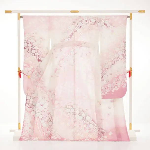 振袖レンタル1599　ピンク白ぼかしラメ 辻が花調