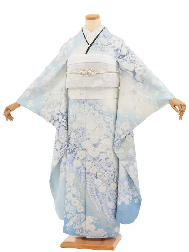 振袖レンタル1600　水色 白ぼかしラメ 辻が花調