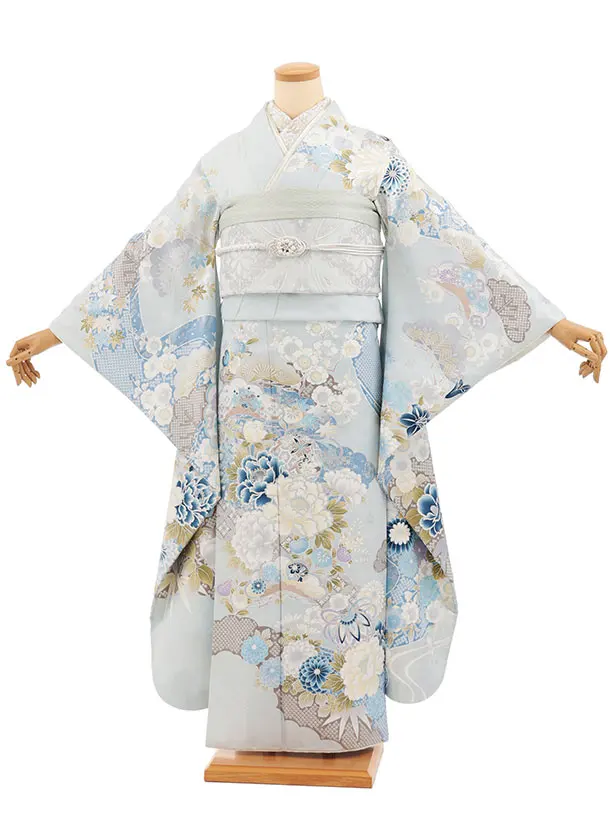 振袖レンタル1618　水色　古典　まりにぼたん