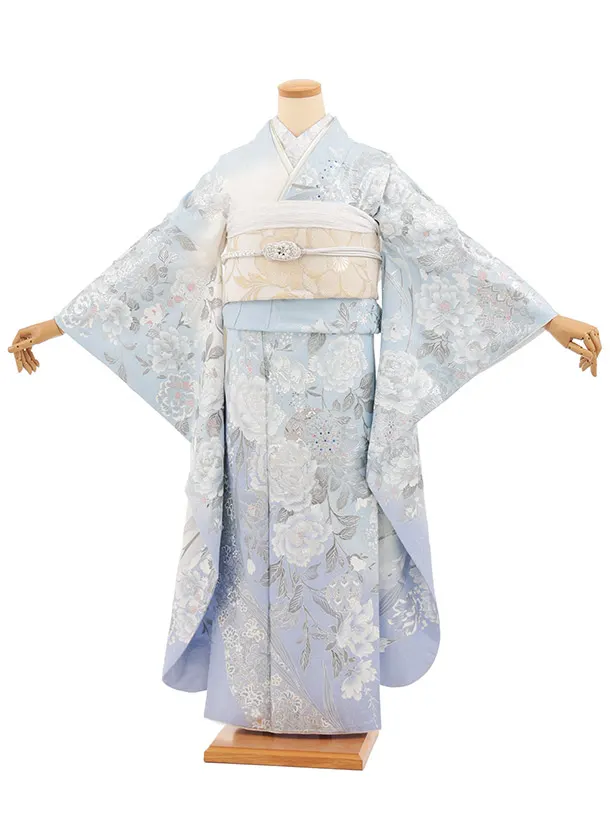 振袖レンタル1620　桂由美　ペールブルー　ぼかし　バラ