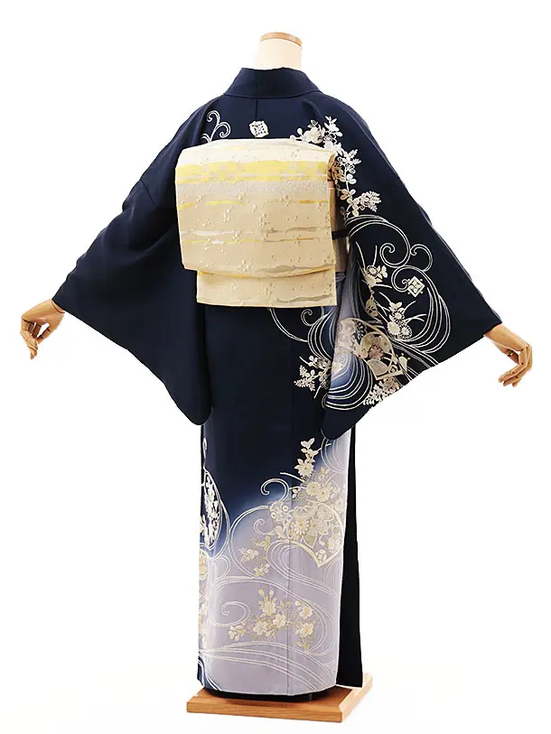 訪問着t1372 紺ぼかし 刺繍 水面扇絵