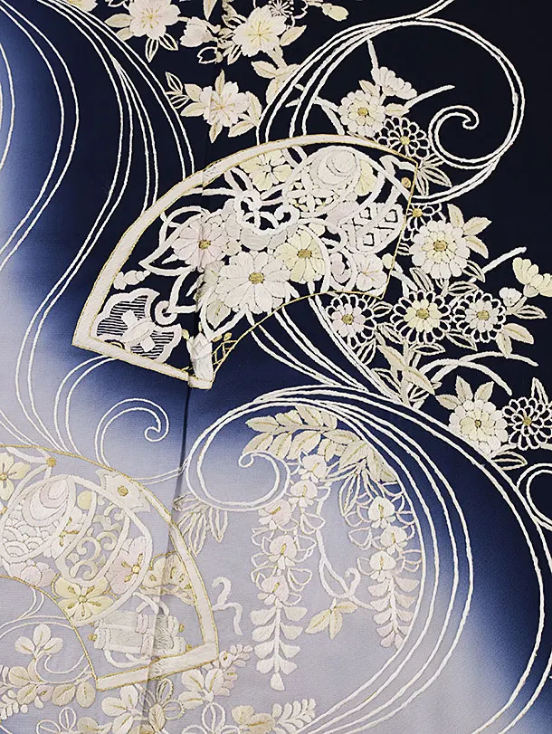 訪問着t1372 紺ぼかし 刺繍 水面扇絵