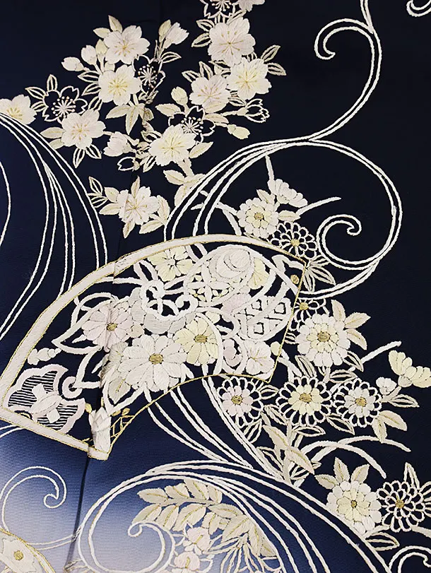 訪問着t1372 紺ぼかし 刺繍 水面扇絵