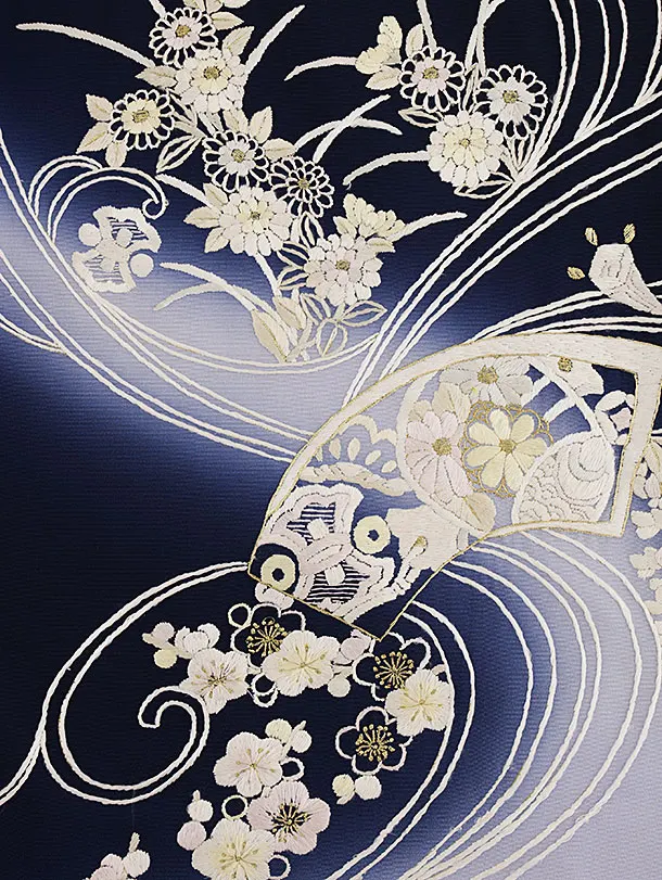 訪問着t1372 紺ぼかし 刺繍 水面扇絵