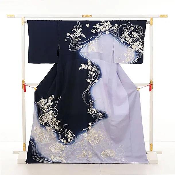 訪問着t1372 紺ぼかし 刺繍 水面扇絵