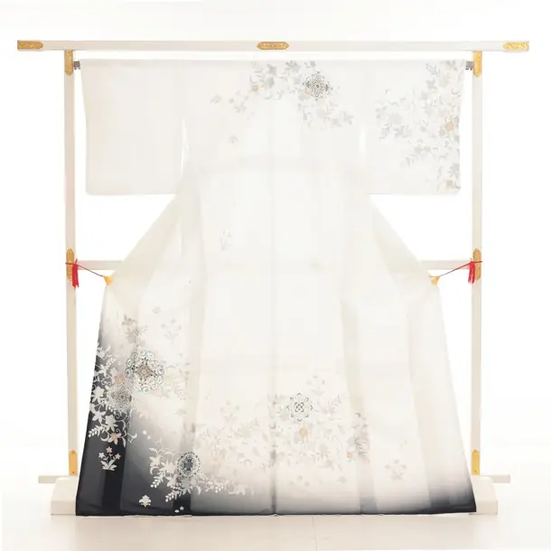 訪問着t1387 式部浪漫 白黒ぼかし 華紋更紗