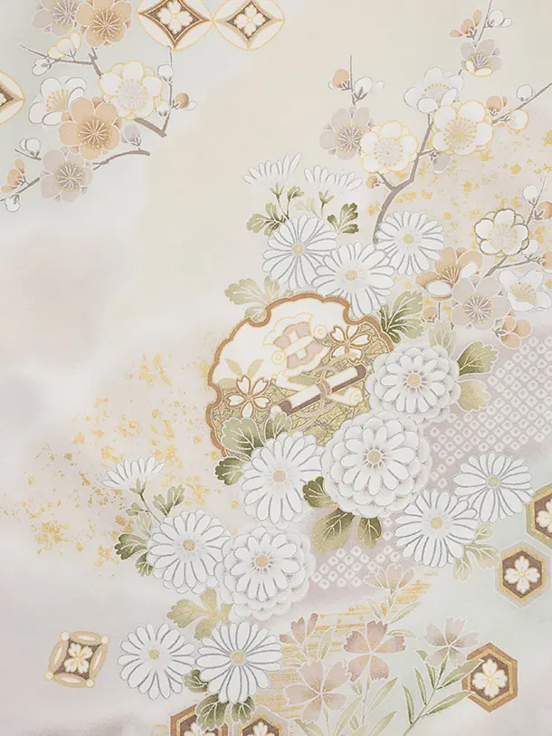 訪問着t1403 薄グレージュ 扇絵に菊花(化繊)