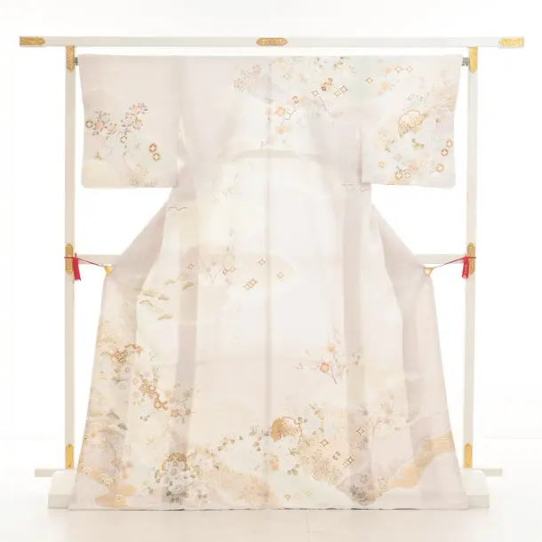 訪問着t1403 薄グレージュ 扇絵に菊花(化繊)