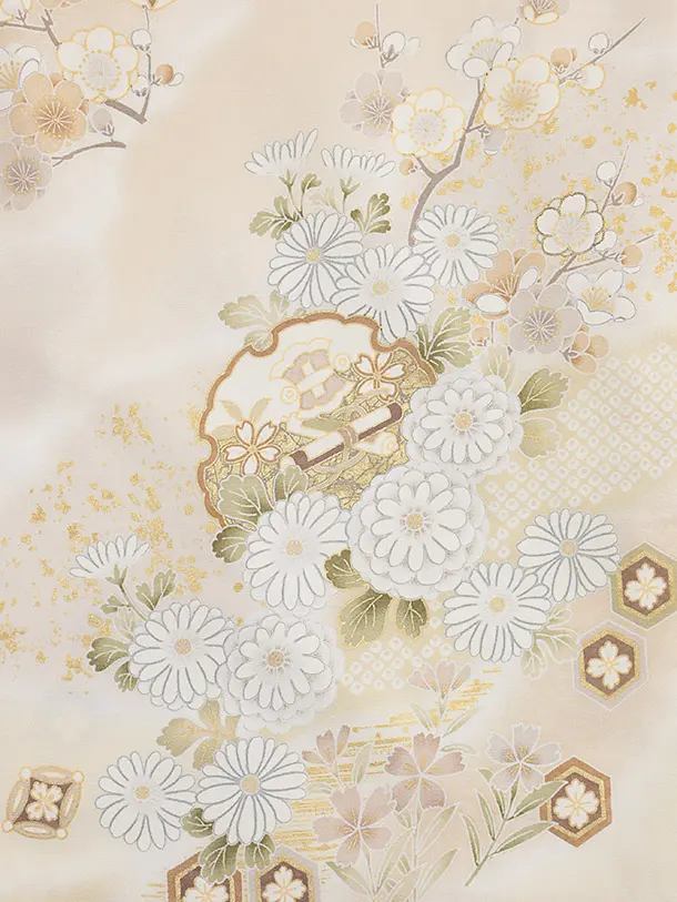 訪問着t1404 クリーム地 扇絵に菊花(化繊)