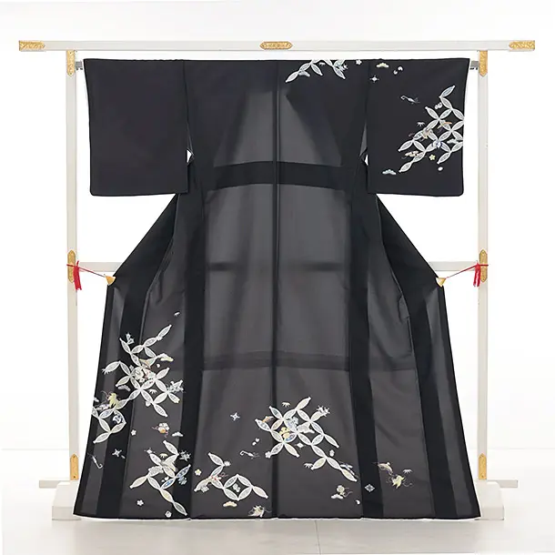 訪問着t1422 黒地 七宝尽くし(化繊)