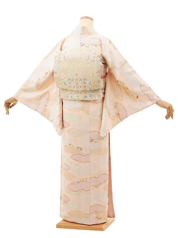 訪問着t1435  サーモンピンク 雲取り花