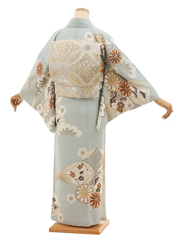 訪問着t1441  紅一点 グレー 七宝に菊