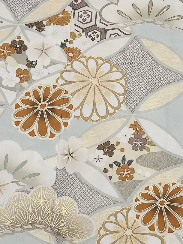 訪問着t1441  紅一点 グレー 七宝に菊