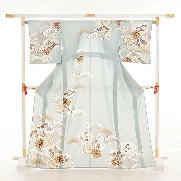 訪問着t1441  紅一点 グレー 七宝に菊