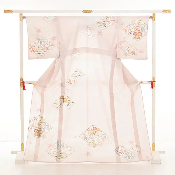 訪問着t1445  華徒然 ピンク 松皮菱に花