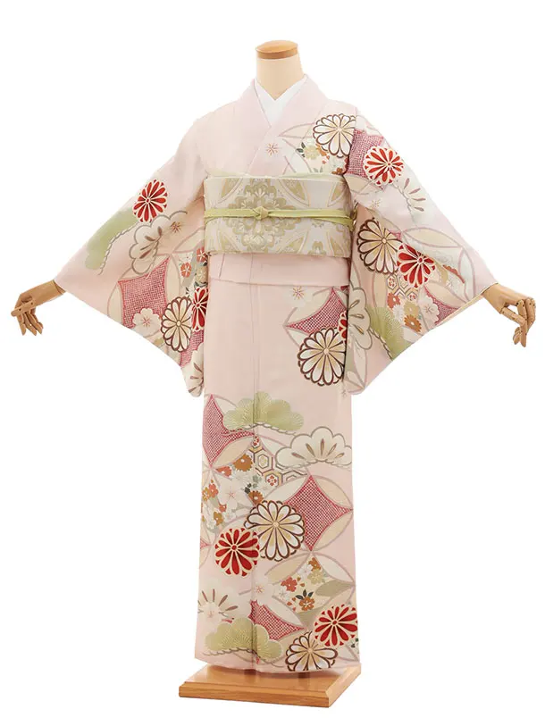 訪問着t1446  紅一点 ピンク 七宝に菊