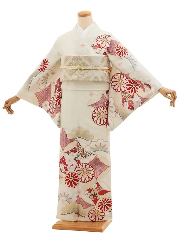 訪問着t1447  紅一点 ベージュ 七宝に菊