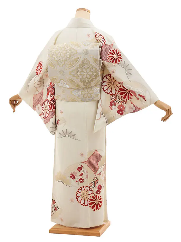 訪問着t1447  紅一点 ベージュ 七宝に菊