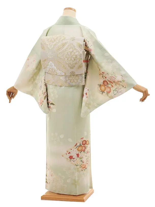 訪問着t1451  華徒然 ヒワ色 松皮菱に花