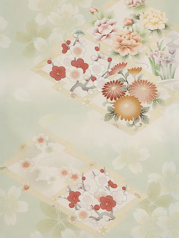 訪問着t1451  華徒然 ヒワ色 松皮菱に花