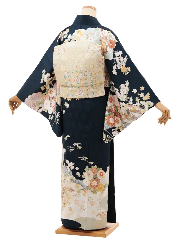 訪問着t1454 紺地 几帳に花づくし
