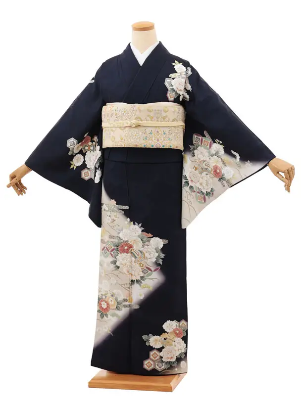 訪問着t1455 紫紺 小槌に牡丹花