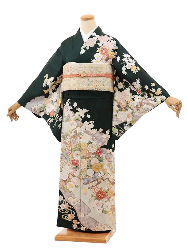 訪問着t1456 深緑地 几帳に花づくし