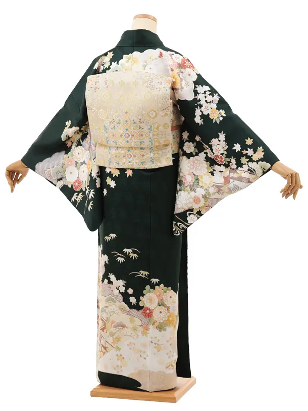 訪問着t1456 深緑地 几帳に花づくし