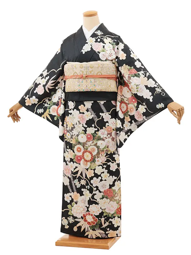 訪問着t1462 チャコールグレー 宝に花尽くし