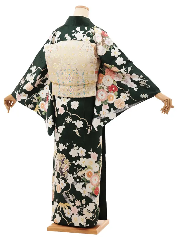 訪問着t1463 深緑地 宝に花尽くし