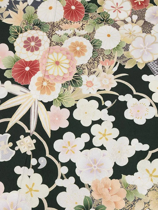 訪問着t1463 深緑地 宝に花尽くし