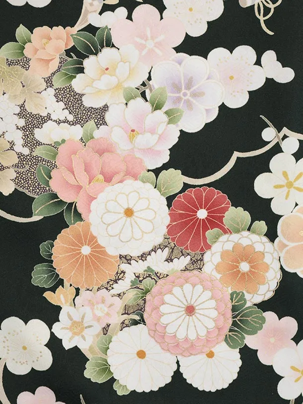 訪問着t1463 深緑地 宝に花尽くし