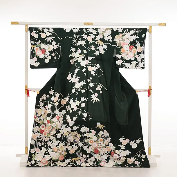 訪問着t1463 深緑地 宝に花尽くし