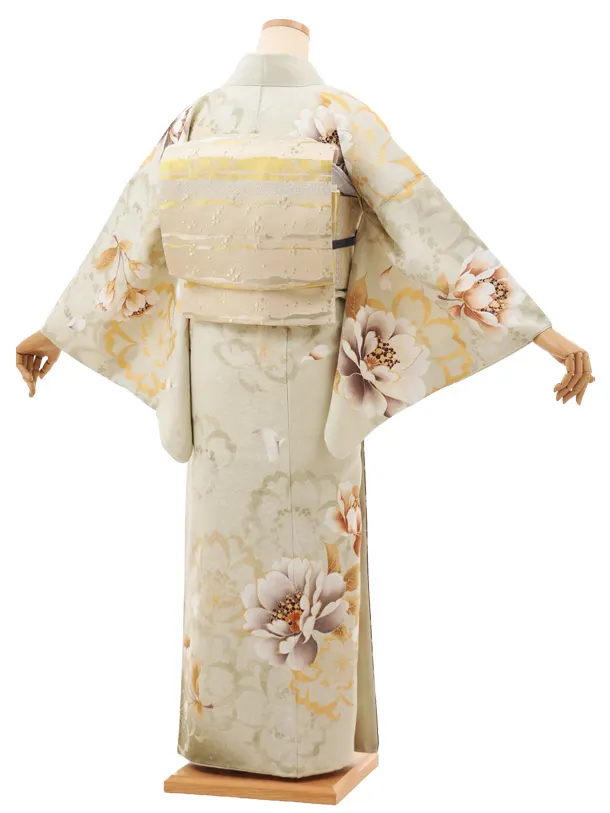 訪問着t1470 ペールグリーン 鶴文 牡丹