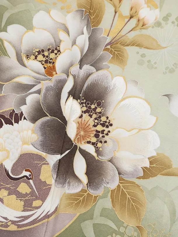 訪問着t1470 ペールグリーン 鶴文 牡丹