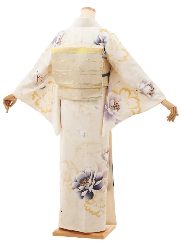 訪問着t1473 クリームベージュ 鶴文 牡丹
