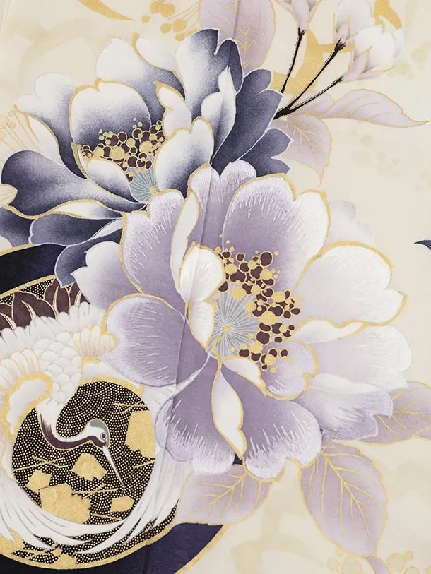 訪問着t1473 クリームベージュ 鶴文 牡丹