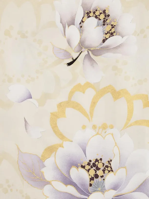 訪問着t1473 クリームベージュ 鶴文 牡丹