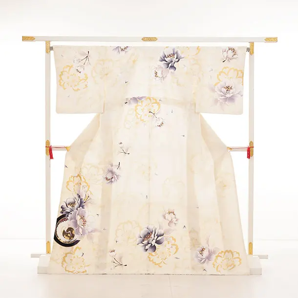 訪問着t1473 クリームベージュ 鶴文 牡丹