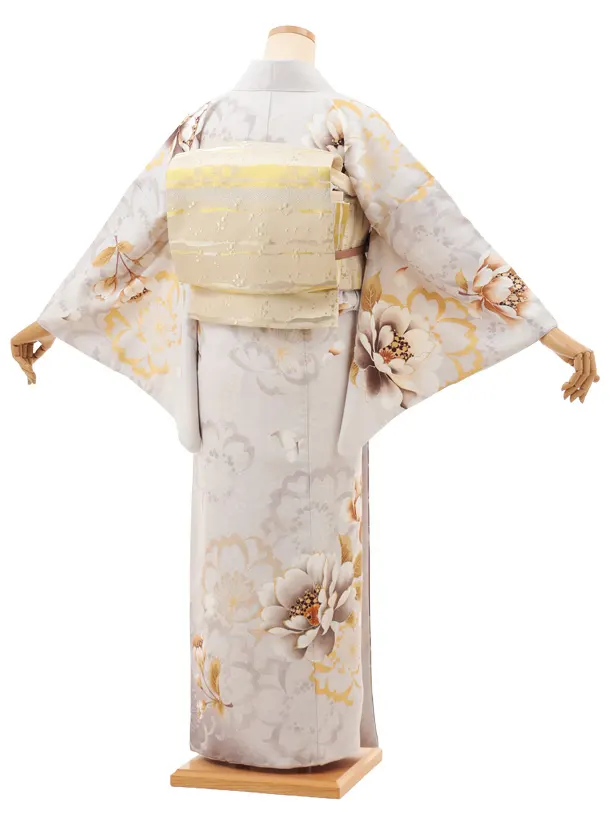 訪問着t1474 グレー 鶴文 牡丹