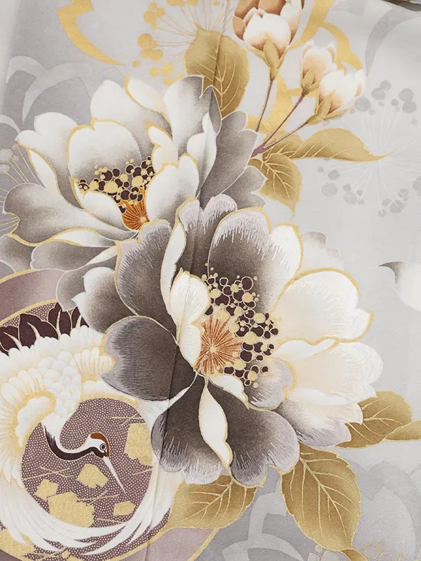 訪問着t1474 グレー 鶴文 牡丹