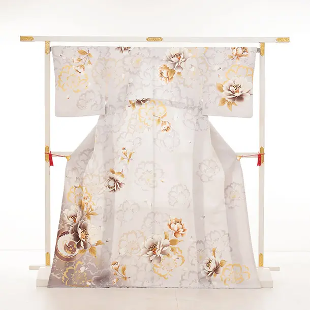 訪問着t1474 グレー 鶴文 牡丹