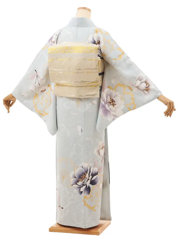 訪問着t1475 ペールブルー 鶴文 牡丹(化繊)
