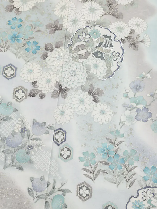 訪問着t1486 薄ミント 雪輪に四季花